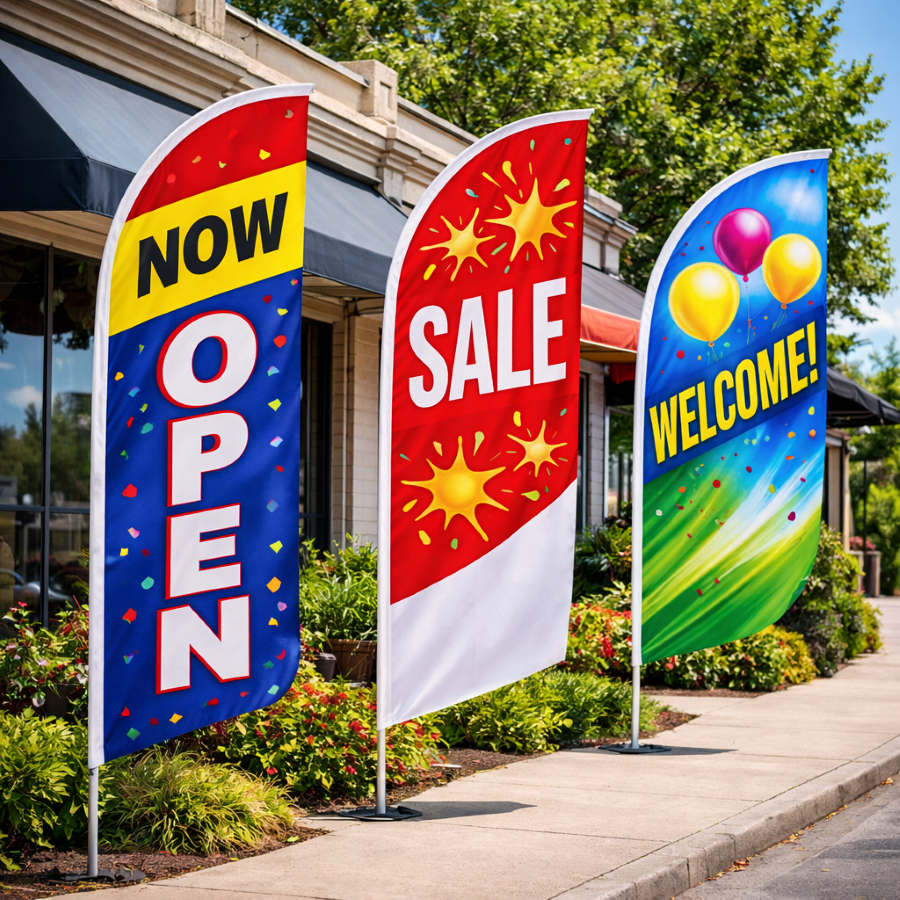 Three colorful promotional flags outside a store with 'Now Open', 'Sale', and 'Welcome' text.