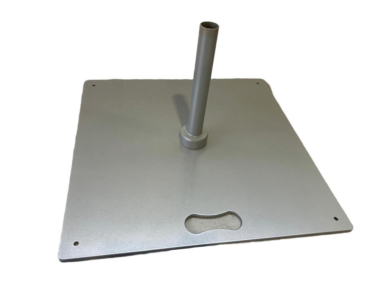 Metal patio umbrella base with central pole on a white background
