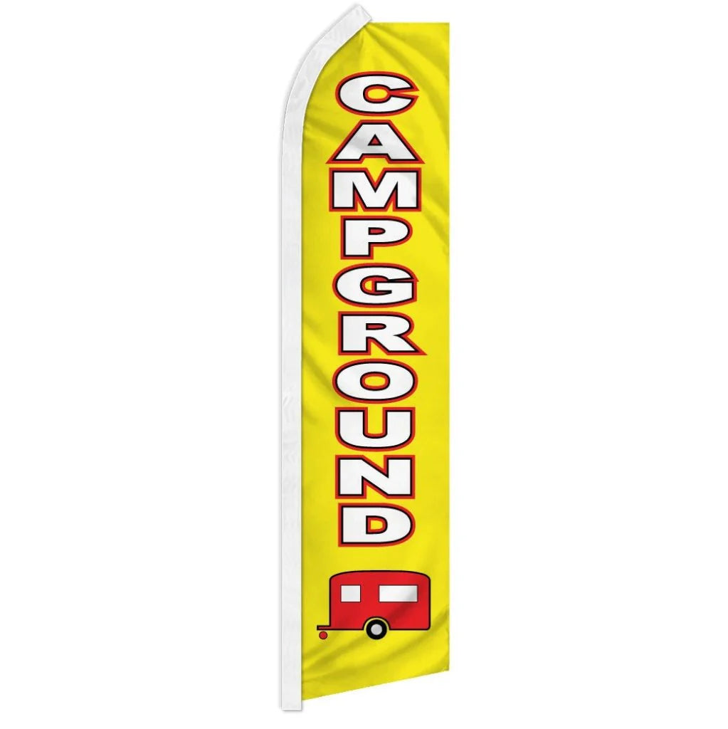 Yellow feather flag with 'CAMP GROUND' text and a red camper icon on a white background
