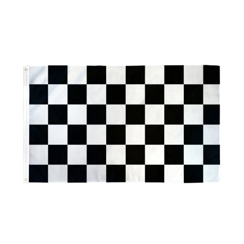 Checkered flag with black and white squares on a white background