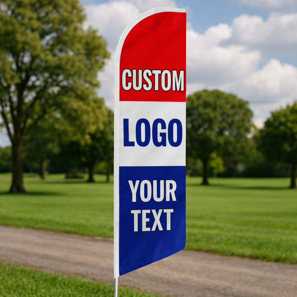Custom logo and text flag in a park setting with trees and grass.